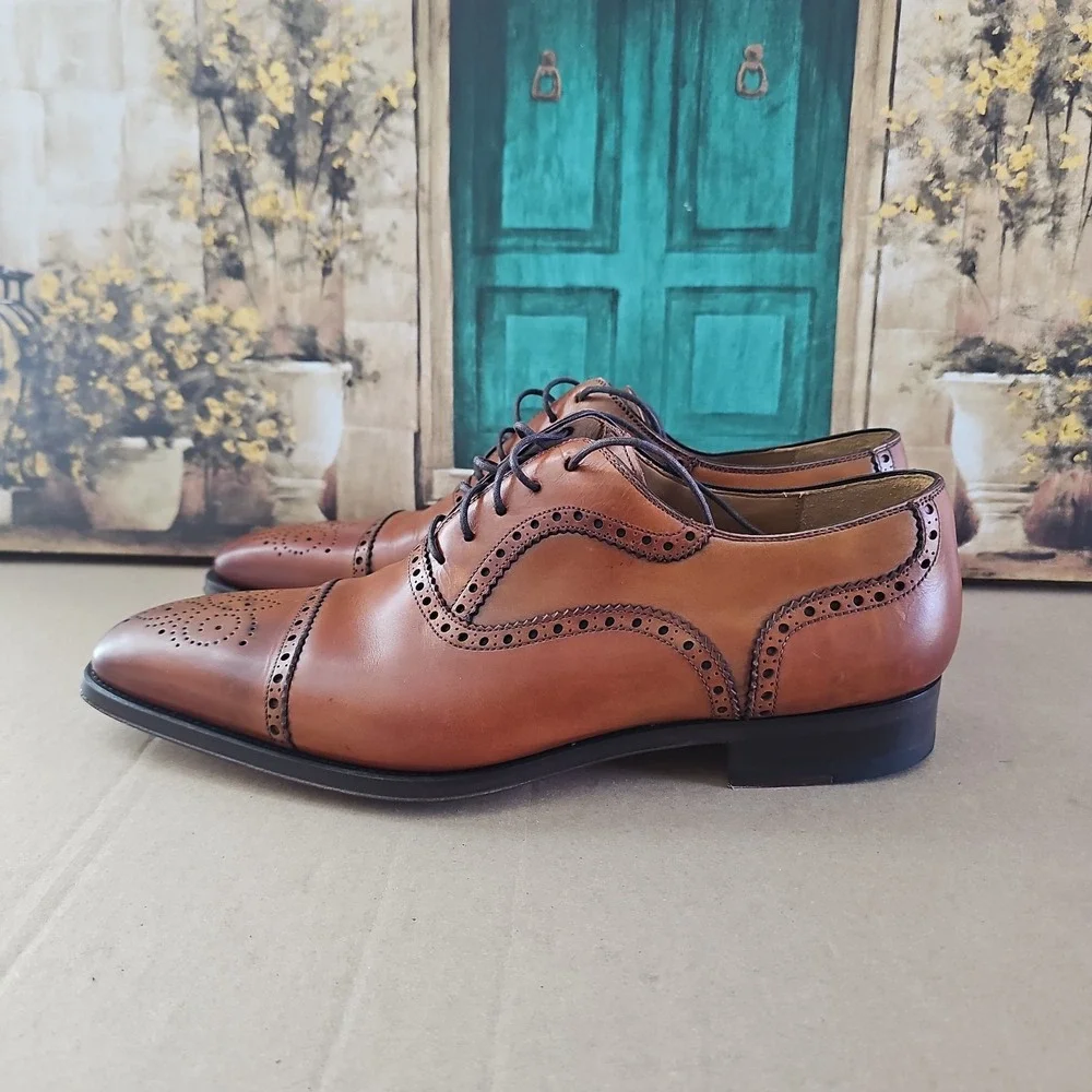 Magnanni Brogue Derby Medallion Toe Oxford Cognac Mens Dress Shoes 10.5 M 13975